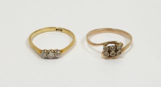 9ct yellow gold diamond dress ring, the open scroll design set with two rows of three diamonds, ring