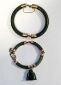 Oriental gold-coloured metal and jade bracelet, four-bar with jade carved Buddha pendant and another