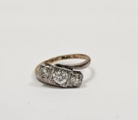 18ct gold and platinum three stone diamond ring, each circular diamond within square setting, centre