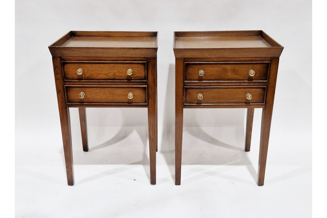 Pair of oak square lamp tables/night stands in the George III manner, each with galleried top, two