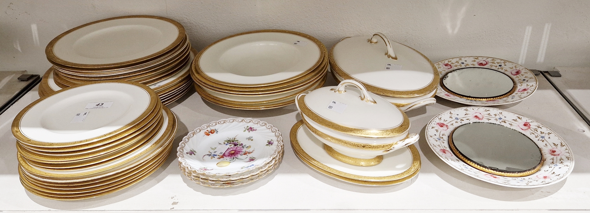 Composite Royal Worcester gilt bordered part dinner-service, printed blue marks, retailer's marks