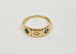 Antique 18ct gold, sapphire and diamond ring set two sapphires and one diamond, within panels star