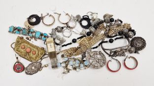 Mixed lot of costume jewellery including white metal and turquoise bracelet stamped 84, marcasite