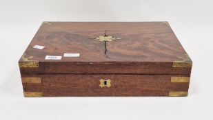 19th century mahogany and brass bound cutlery box, the hinged lid opening to an empty space and