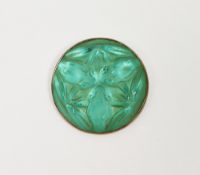 Lalique glass 'Grenouilles' frog brooch with three frog design, green iridescent, gilt metal mount