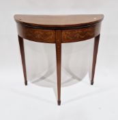 Sheraton Revival mahogany demi-lune foldover card table, the top with satinwood and ebony inlay,