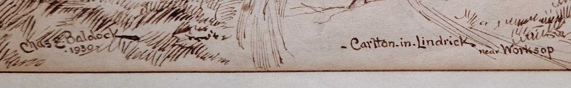 Charles Edwin Baldock (1876-1941) Pen and ink drawing 'Carlton-in-Lindrick, Near Worksop', sheep - Image 4 of 4