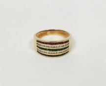 18ct gold, diamond, sapphire, emerald and ruby banded ring having three rows of square cut
