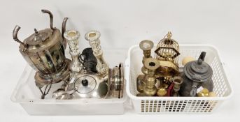 Mixed lot of silver plate and metal ware items including pair of silver plated candlesticks, pair of