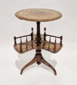 19th century walnut two-tier circular whatnot, the second tier with revolving triform shelf with