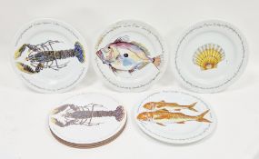 Four large dinner plates decorated with fish by Richard Bramble for Jersey Pottery, 30cm and four