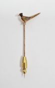 9ct yellow gold stickpin with an enamel finial in the form of a pheasant, maker A&W, approximately
