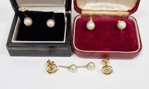 Three pairs of gold and simulated pearl stud earrings, one cased pair with 9ct screw-back