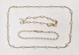 9ct gold belcher link and pearl necklace, similar bracelet (broken) and a 9K gold ball and pearl