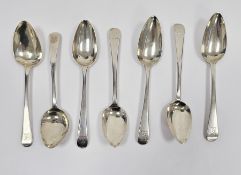 Matched set of seven George III and George IV silver dessert spoons, London dating from 1788 to