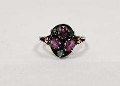 Gold coloured metal pink and green stone ring with three purple stones alternating with three tiny