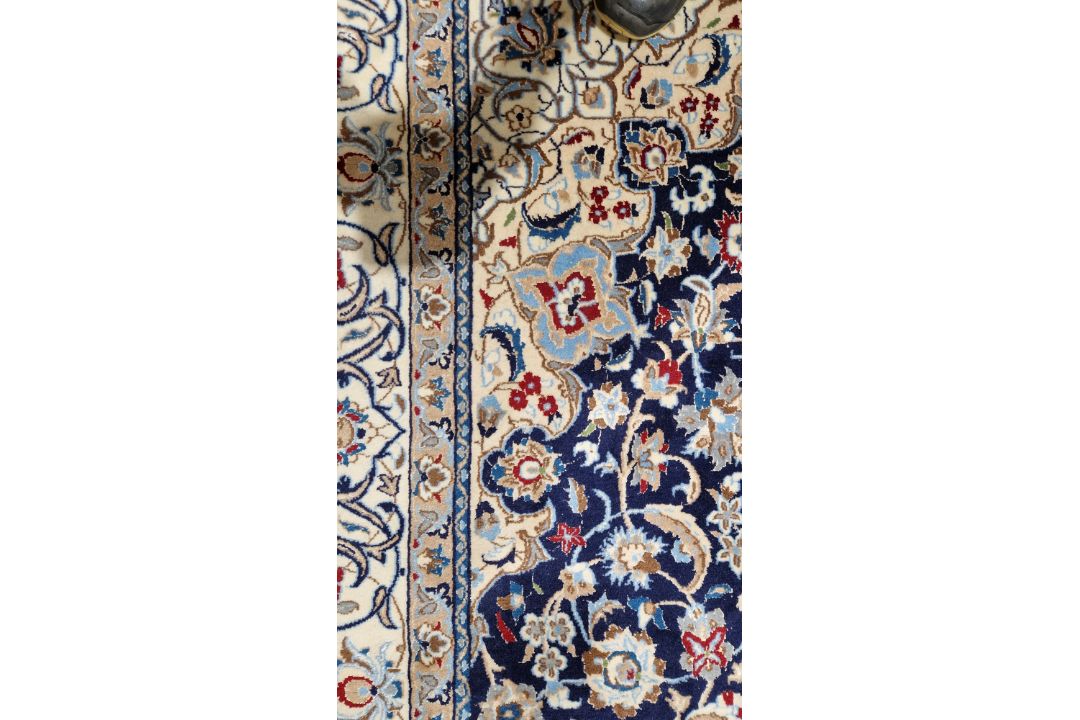 Large Persian midnight blue ground rug with central cream floral medallion on floral field, floral - Image 8 of 22