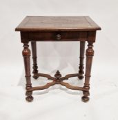 William and Mary style oak side table, the parquetry veneered top over a single drawer with metal