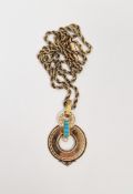 Gold-coloured metal, pearl and turquoise pendant, double-circle design with pearl drop, on gilt