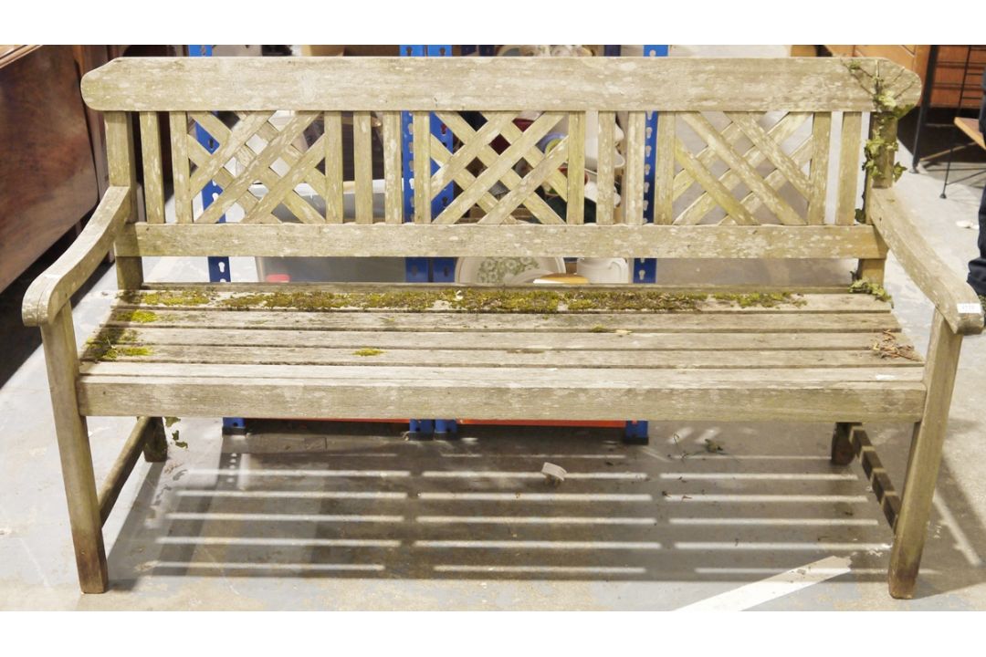 Teak garden bench with cross-hatch back, length approx. 160cm wide  Condition Report Length approx