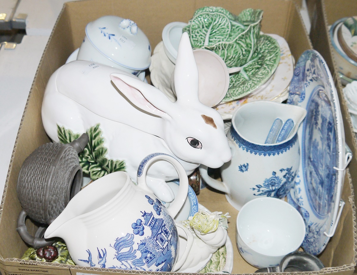 Pair of Portuguese rabbit-shaped tureens, a ceramic Chinese dark grey biscuitware osier teapot, a