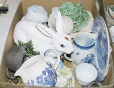 Pair of Portuguese rabbit-shaped tureens, a ceramic Chinese dark grey biscuitware osier teapot, a