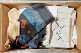 Quantity of fabrics to include doilies, tablecloths, various linen, etc (1 box)