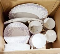 Box of floral mauve patterned china marked 'Shell' to underside, to include plates, cups, saucers