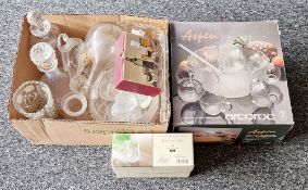 Quantity of glassware to include a cut glass decanter, an Arcoroc glass punchbowl and cups set and