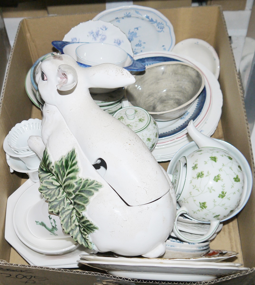 Pair of Portuguese rabbit-shaped tureens, a ceramic Chinese dark grey biscuitware osier teapot, a - Image 2 of 2