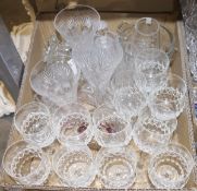 Collection of cut and moulded glass to include decanters, lidded tankers, wine glasses, etc (3