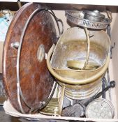 Wooden metal galleried tray, a plated flower arranger with glass insert, an iron fireside set, a