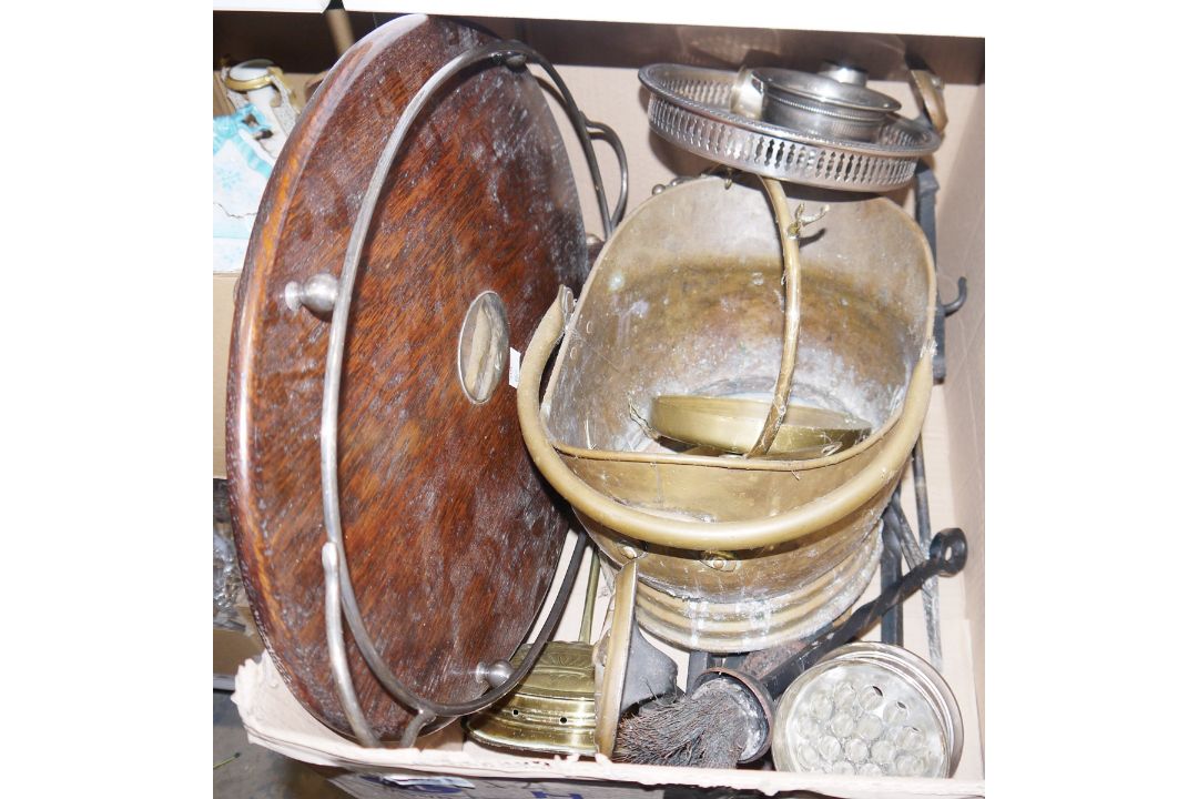 Wooden metal galleried tray, a plated flower arranger with glass insert, an iron fireside set, a - Image 1 of 2