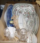 Small quantity of Johnson Bros Indian Tree pattern plates and bowls, two 19th century decanters, a