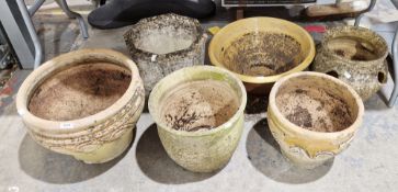 Collection of large plant pots to include a composite stone octagonal form plant pot with bird and