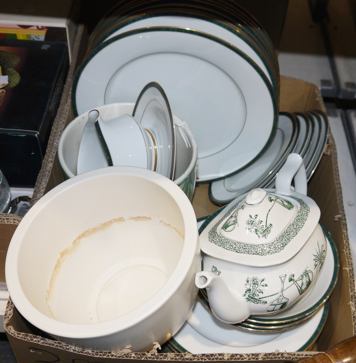 Boots Hanover green part dinner service, a Spode gardening teapot, six green glass based rummers