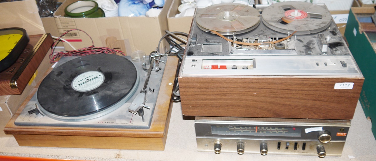 Vintage Lenco L75 turntable, a vintage Sony TC-355 reel to reel tape recorder and a vintage