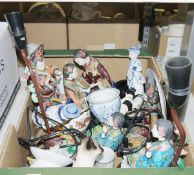Chinese ceramic lamp of a woman in traditional dress and several similar figures, a ceramic model of