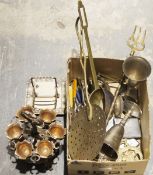 Silver plated egg cup stand and eggcups, a plated breakfast caddy, a small collection of horse