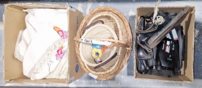 Quantity of linen and various textiles, three small wicker baskets, a Panasonic A1 camcorder, etc (2