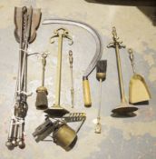 Assorted metalware including fireside companion sets, electroliers, warming pan, vintage blow torch,