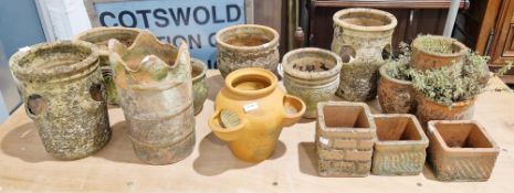 Quantity of terracotta plant pots to include square form, faux brick-effect planters, chimney pot