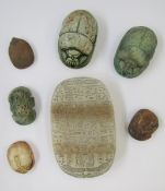 Collection of Grand Tour and later Egyptian artefacts, 7 x alabaster, pottery and steatite scarab