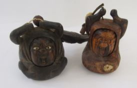 Japanese smoking set, the tobacco holder Tonkotsu carved as a Daruma, with mother-of-pearl eyes,