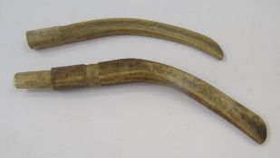 Carved reindeer horn knife and sheath, Inuit carved with drawings of reindeer and sleds and