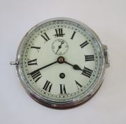 Chromium plated metal ship's-style wall clock with enamel face and subsidiary seconds dial, 23cm