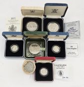 Royal Mint Silver Proof (6) Coins, 1980 Queen Mother 80th Birthday Crown, 1972 Elizabeth & Philip