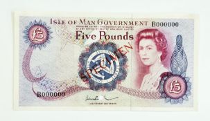 Isle of Man government Five Pounds (pick 30bs) Queen Elizabeth II specimen, serial number B000000,