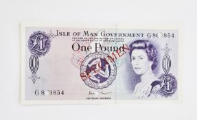 Isle of Man government One Pound (pick 29ds) Queen Elizabeth II specimen, serial number G869854, two