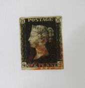 GB Stamp: QV Penny Black ‘QG’, red Maltese Cross, 4 margins. SG2 Cat £425.